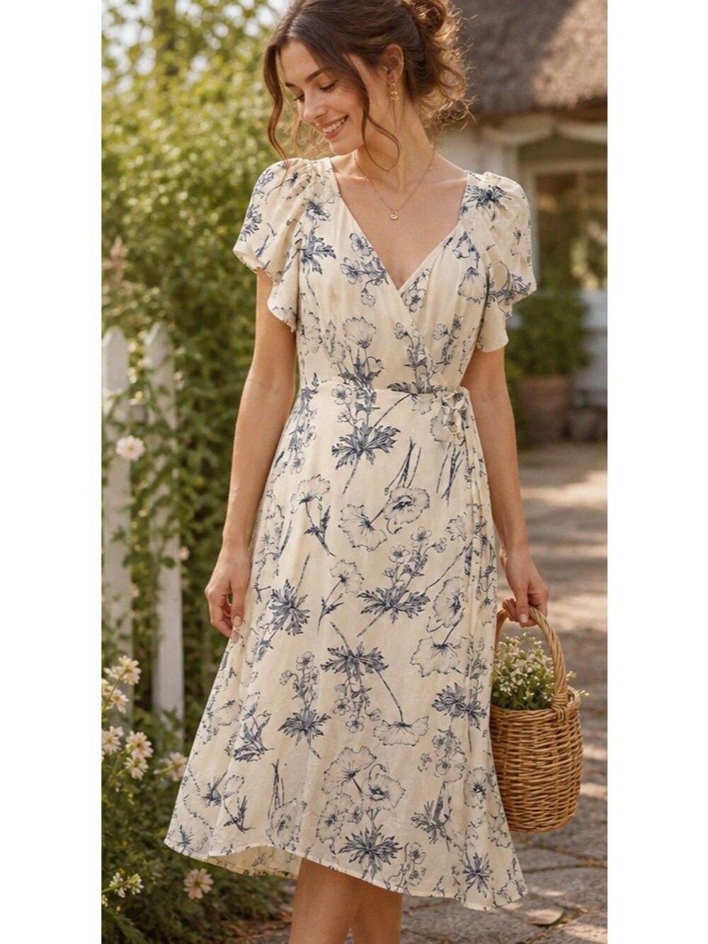 ASTR The Label Floral Midi Dress size M Cream Blue Wrap Puff Sleeve Cottagecore